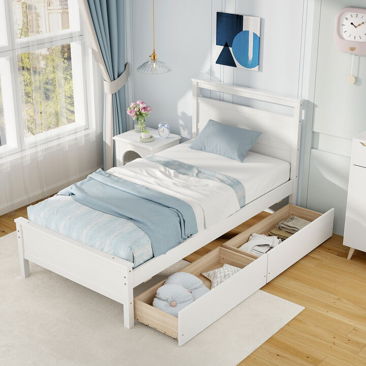 Twin Size Wooden Bed Frame with 2 Drawers for Teens and Adults