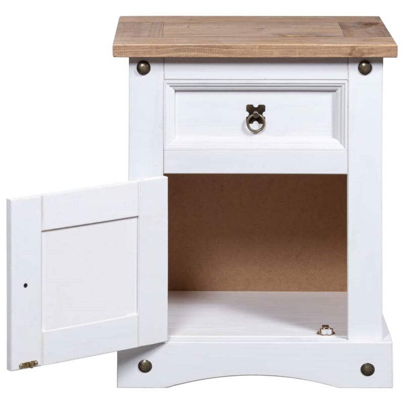 vidaXL Bedside Cabinet in Rustic Mexican 'Corona' Style, Solid Pinewood, White Body with Brown Top, Includes Drawer and Cupboard
