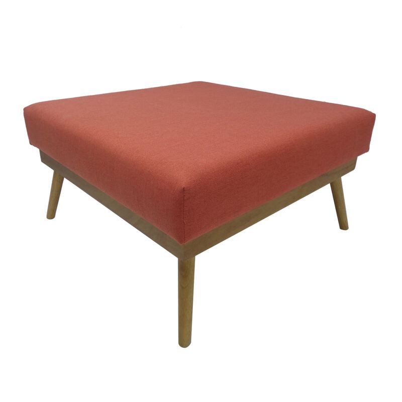 Square Ottoman with Splayed Rubberwood Legs, 33 Inch Coral Polyester - Benzara