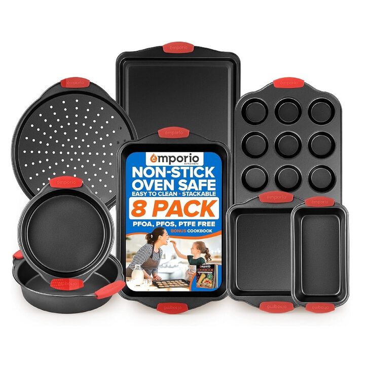 Baking Pan Set - Nonstick Coating, Carbon Steel Bakeware Set with Red Silicone Handles, PFOA, PFOS, PTFE Free, Recipe Booklet Included, Oven Safe Tray (Up To 450° F), Set of 8 - Black