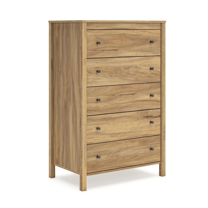 Maci Tall Dresser Chest, 5 Drawers, Natural Brown Wood Finish, 50 Inch - Benzara