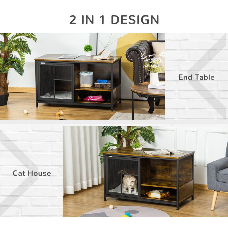 Rustic Brown Pet House: Cat Kennel End Table with Sliding Doors