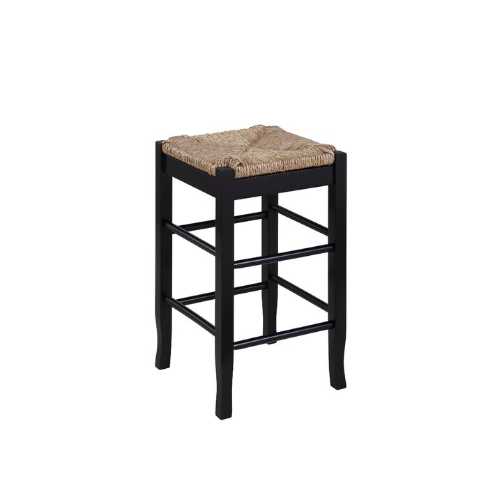 Chris 24 Inch Counter Stool with Wood Frame, Handwoven Rush Seat, Black-Benzara