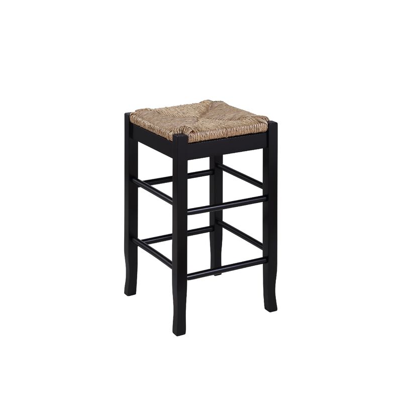 Chris 24 Inch Counter Stool with Wood Frame, Handwoven Rush Seat, Black-Benzara