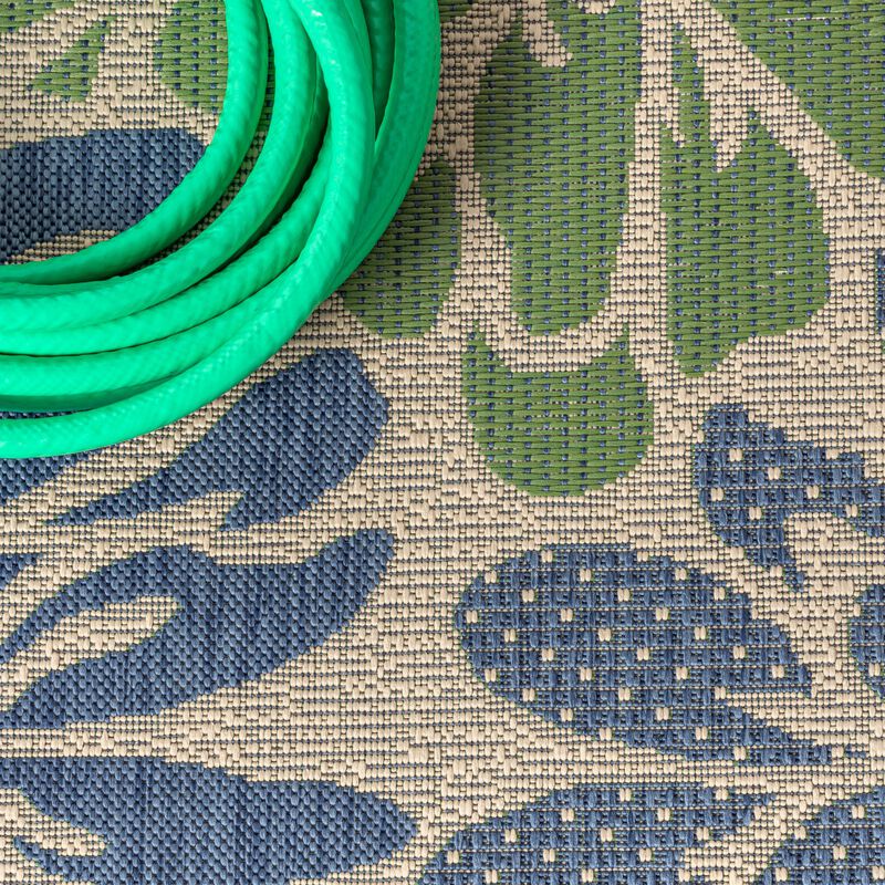 Zinnia Modern Floral Textured Weave Navy/Aqua. Indoor/Outdoor Runner Rug