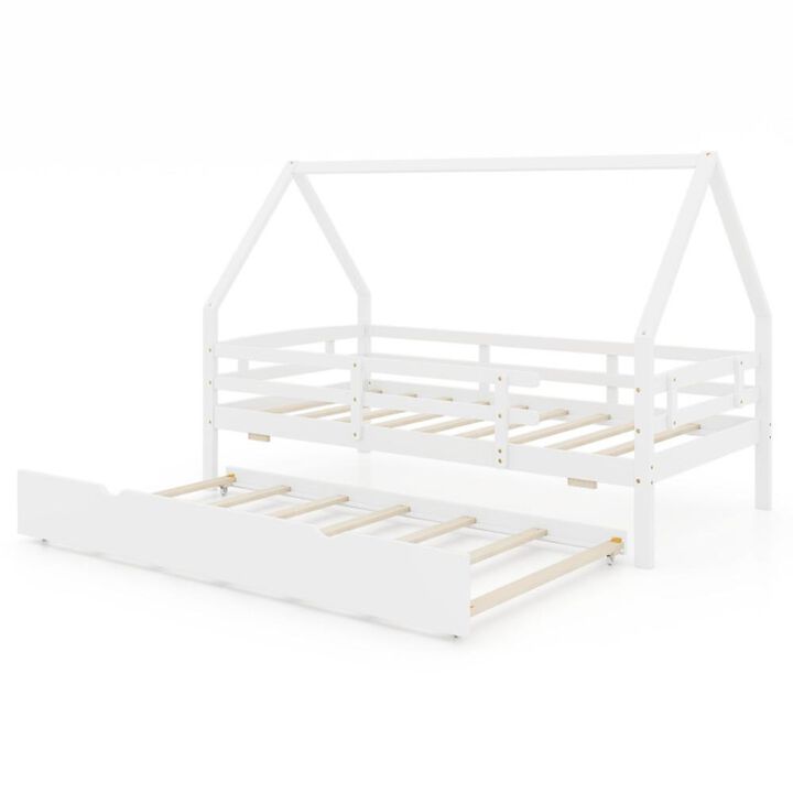 Hivvago Twin House Bed with Trundle and Fence Rail