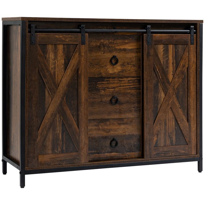 Rustic Brown Kitchen Storage: Buffet Cabinet with Barn Doors & Drawers