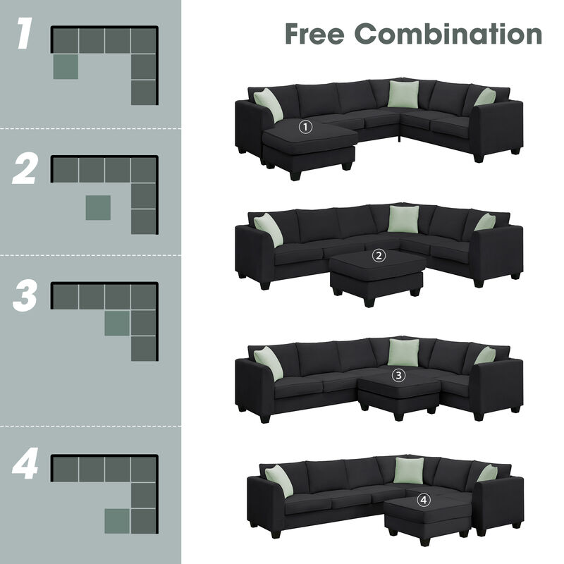 MONDAWE Sectional Sofa Couches Living Room Sets, 7 Seats Modular Sectional Sofa with Ottoman, L Shape Fabric Sofa Corner Couch Set with 3 Pillows