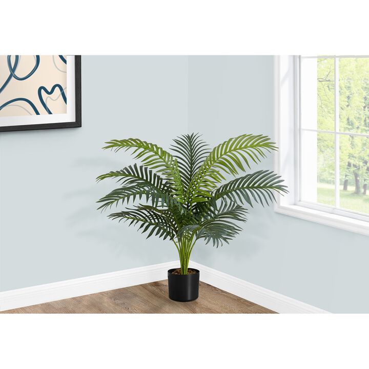 Monarch Specialties I 9539 - Artificial Plant, 34" Tall, Palm Tree, Indoor, Faux, Fake, Floor, Greenery, Potted, Real Touch, Decorative, Green Leaves, Black Pot