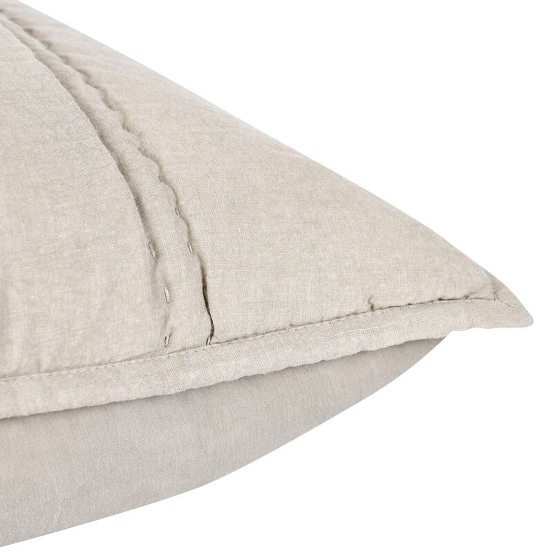 Rawi Standard Pillow Sham, 20x26 Beige Channel Stitch Ramie Cotton - Benzara