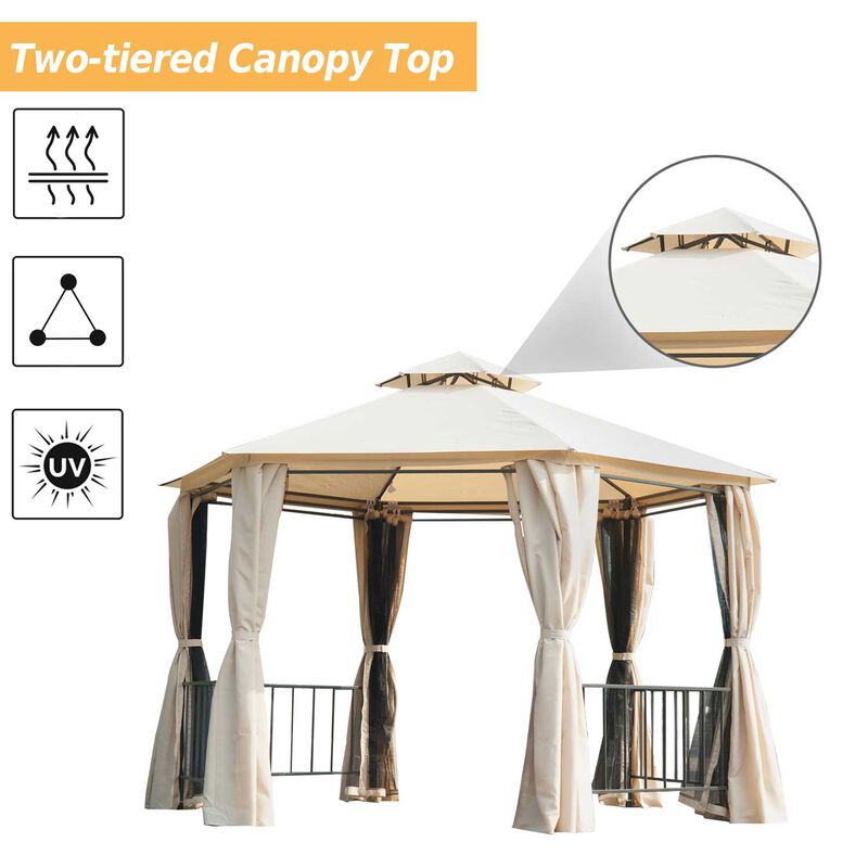 Beige Party Pavilion: 13'x13' Hexagon Canopy with Mesh & Curtains