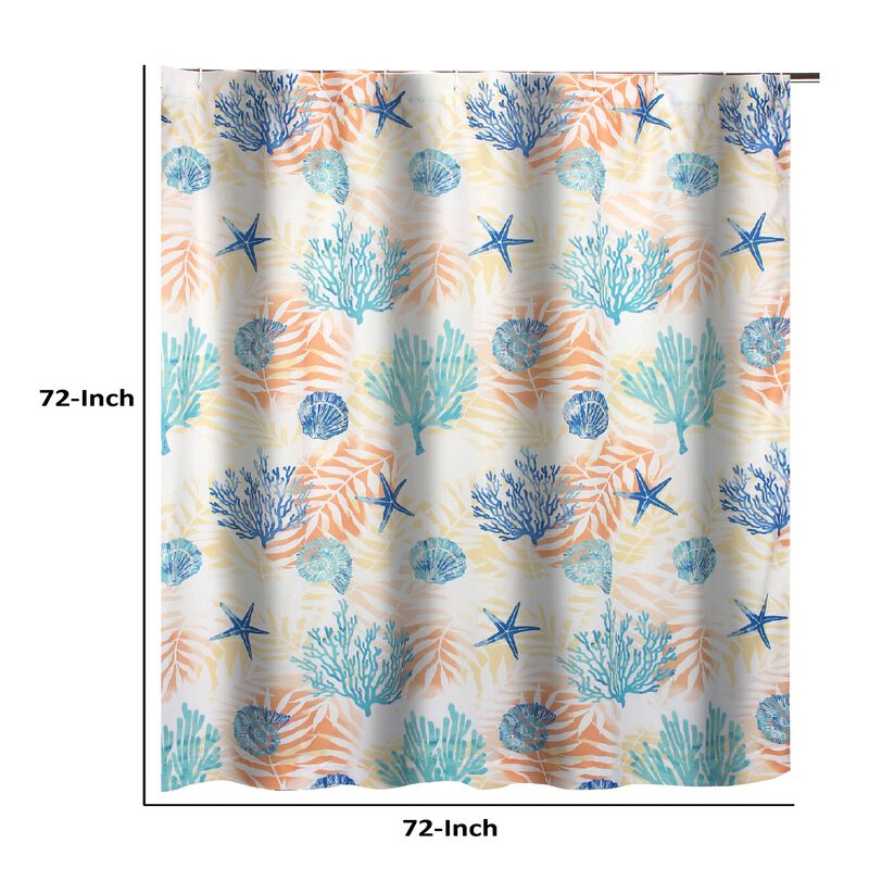 Geo 72 Inch Shower Curtain, White Blue Polyester, Seashells and Ferns Print-Benzara