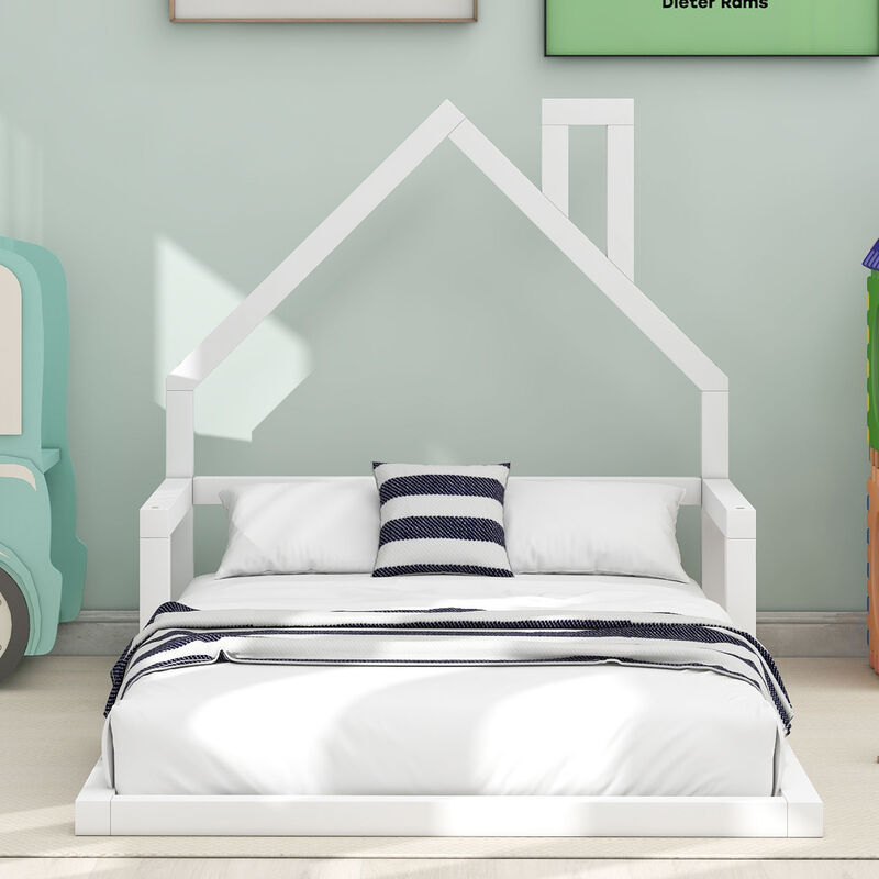 Merax Wood Floor Bed with House-shaped Headboard