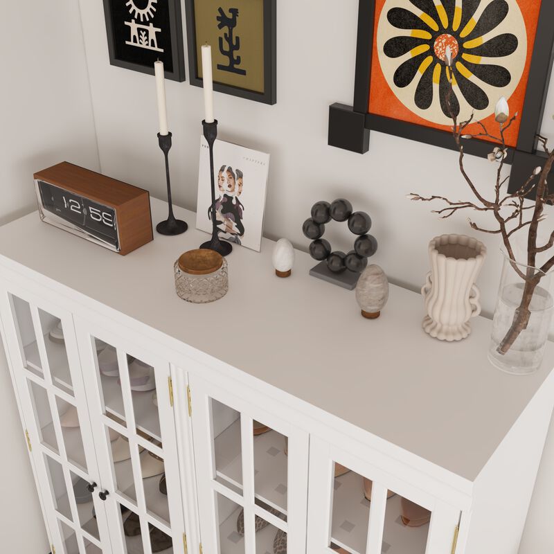 FUFU&GAGA Glass Door Shoe Cabinet with Adjustable Shelves (47.2" W x 47.2" H x 15.7" D),White