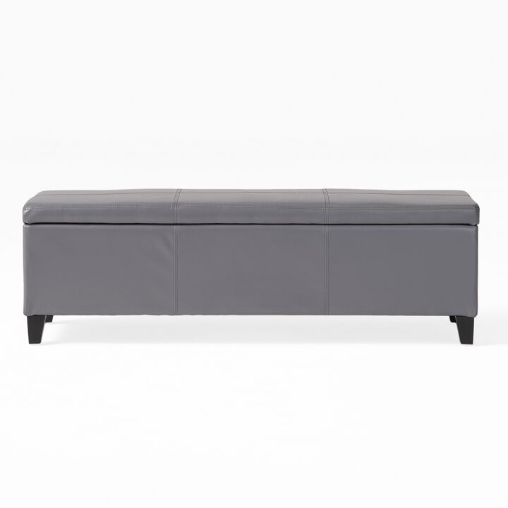 Elias Storage Ottoman Bench, Gray Faux Leather, Stitch Detail, 51 Inch -Benzara