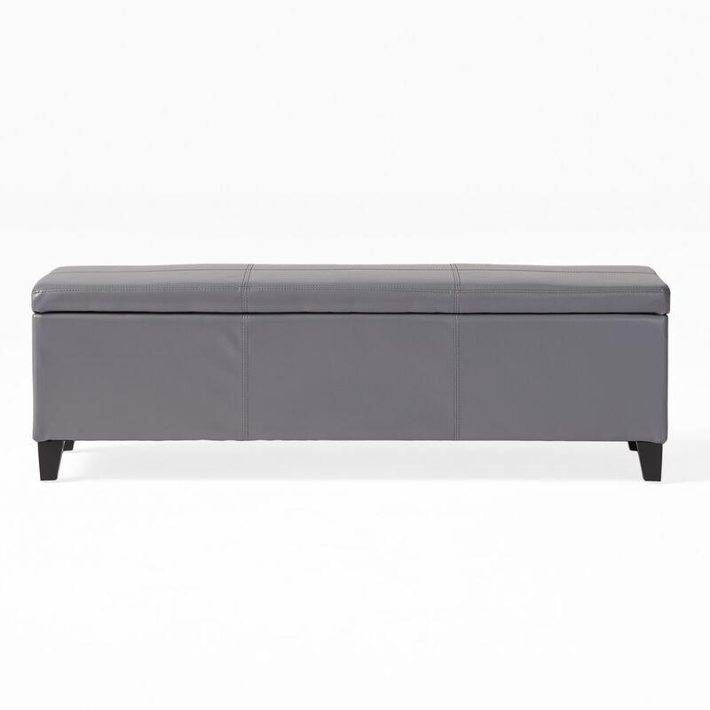 Elias Storage Ottoman Bench, Gray Faux Leather, Stitch Detail, 51 Inch -Benzara
