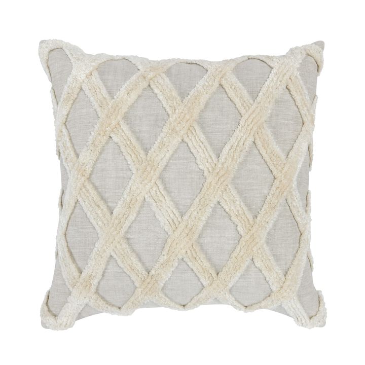 22 x 22 Modern Throw Pillow, Shag, Geometric Diamond, Ivory, Gray-Benzara