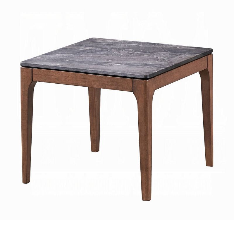 Evis Side End Table, 24 Inch Square Gray Faux Stone Top, Brown Wood - Benzara