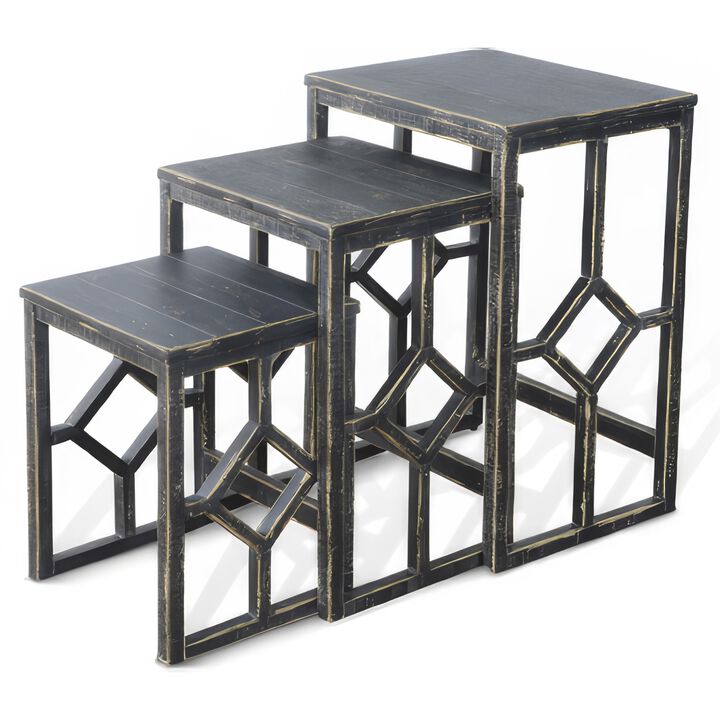 Rena 3 Piece Nesting Accent Table Set, Slatted, Rustic Black Mahogany - Benzara