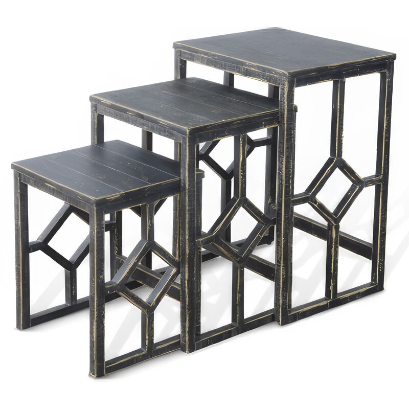 Rena 3 Piece Nesting Accent Table Set, Slatted, Rustic Black Mahogany - Benzara
