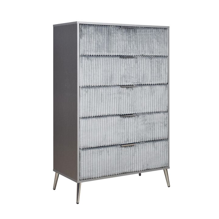 Benjara, Gray, Nickel Moko 51 Inch Tall Dresser, 5 Fabirc Upholstered Drawers