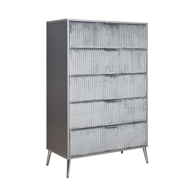 Benjara, Gray, Nickel Moko 51 Inch Tall Dresser, 5 Fabirc Upholstered Drawers