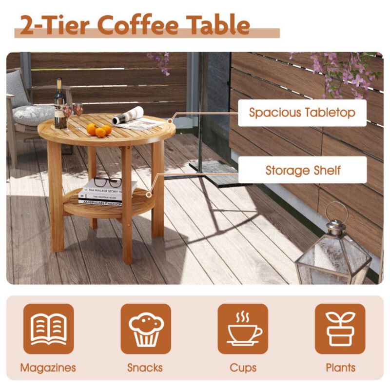 Outdoor Round Side Table Patio End Table with Slatted Storage Shelf for Garden or Backyard