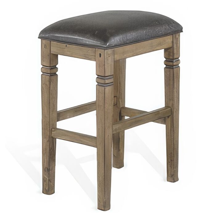 Yael Barstool, Black Faux Leather Cushioned, Taupe Mahogany Solid Wood - Benzara