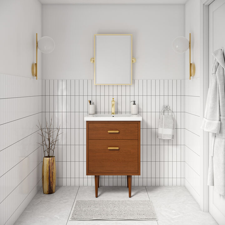 Brandy 24 In. Integrated Ceramic Sink Top Vanity in Honey Walnut