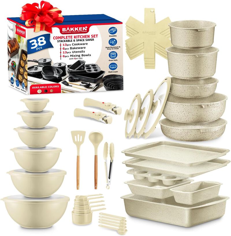 Bakken Master 38 Piece Granite Cookware and Bakeware Set – Nonstick Granite Coating, Pots and Pans with Detachable Handles and Tempered Glass Lids, 6-piece Bakeware set, 12-piece Mixing Bowls