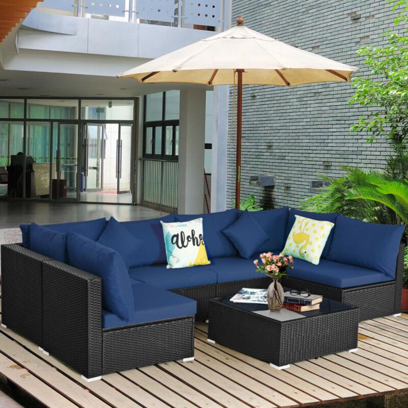 Hivvago 7 Pieces Sectional Wicker Furniture Sofa Set with Tempered Glass Top Coffee Table