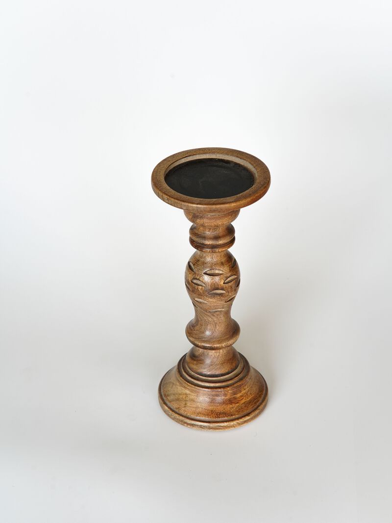Traditional Medium Burnt Eco-friendly Handmade Mango Wood Set Of Two 6" & 9" Pillar Candle Holder