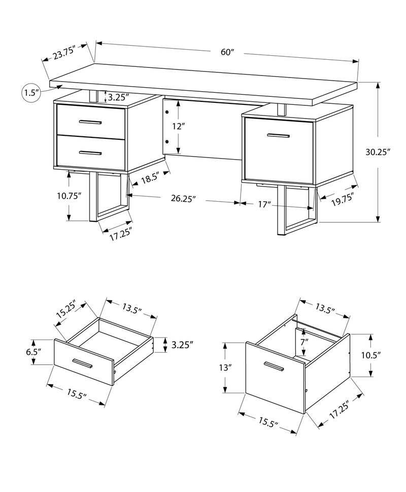Monarch Specialties Computer Desk, Home Office, Laptop, Left, Right Set-Up, Storage Drawers, 60"L, Work, Metal, Laminate, Brown, Grey, Contemporary, Modern
