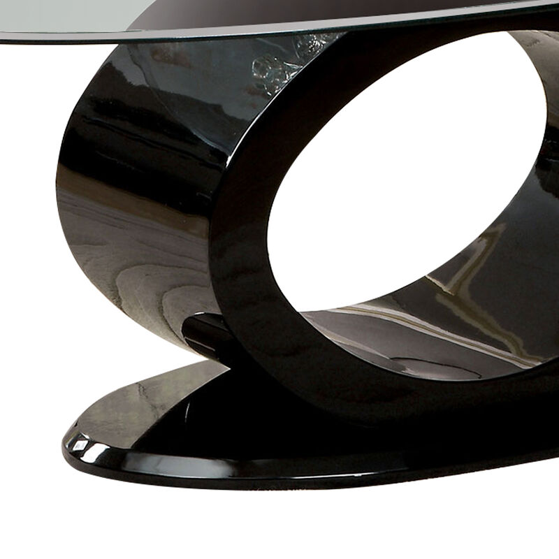 Contemporary Tempered Glass Top Coffee Table with O Shape Base, Black-Benzara