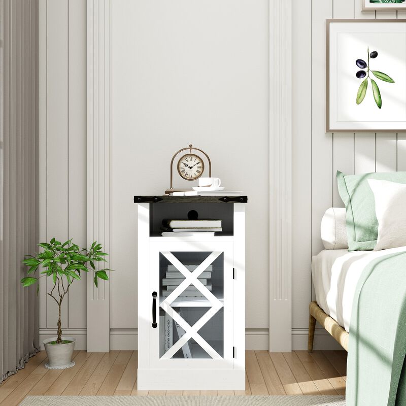 Farmhouse End Table with Charging Station, 15.4'' Rustic Nightstand with Barn Door & Adjustable Shelf, Wooden Sofa Side Table with 3-Tier Storage for Living Room, Bedroom, White