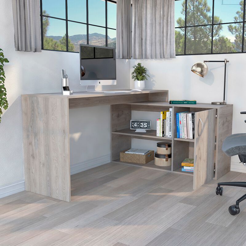 Axis Modern L-Shaped Computer Desk with Open & Closed Storage -Light Gray