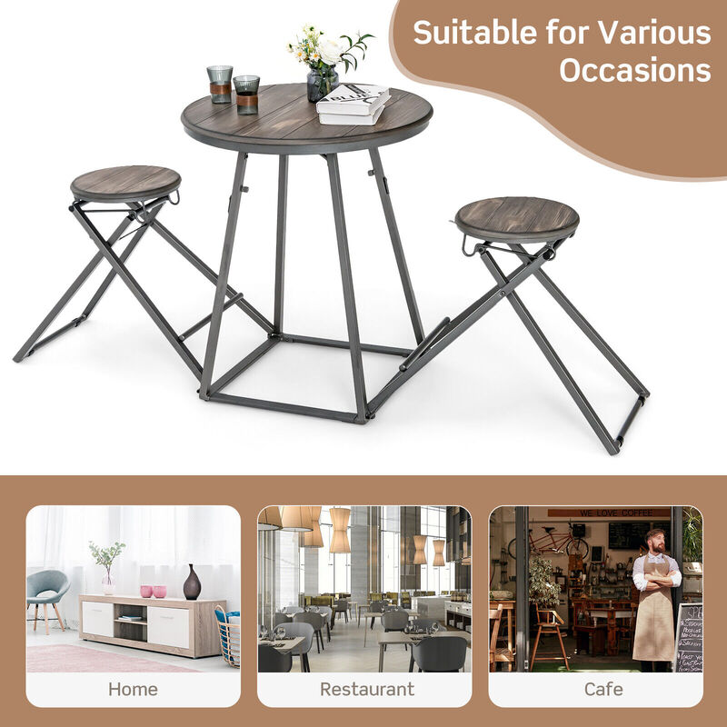 3 Pieces Dining Table Set with 2 Foldable Stools for Small Space-Grey