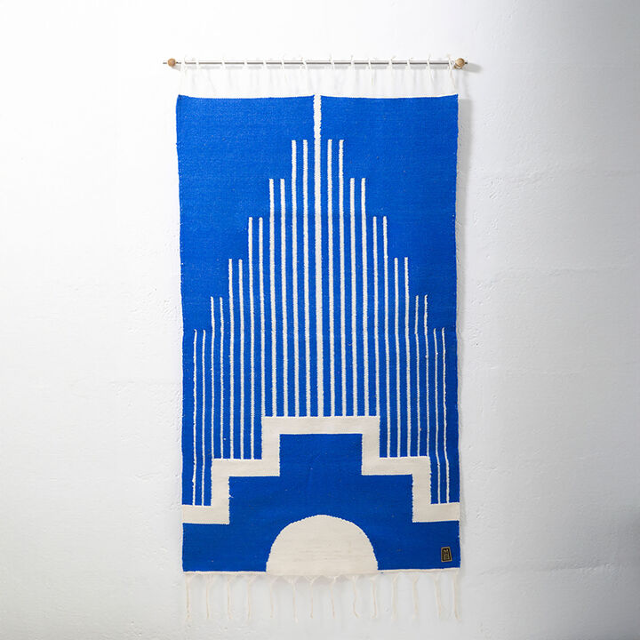 CENTRO Sheep Wool Handwoven Tapestry, Aged Bronze Wall Mount, Lapis Blue & Ivory