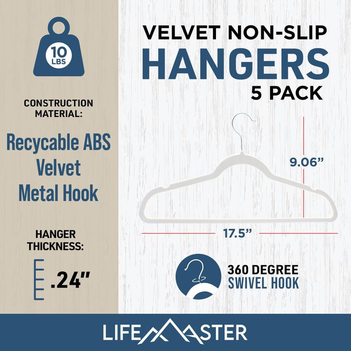 Velvet Clothes Hanger – with 360 Degree Swivel Hook and Non-Slip Shoulder Notch, Holds Up to 10 lbs, Heavy Duty Hanger Set, for Organizing Suit, Dress, Coat, and Clothes, Pack of 5, White