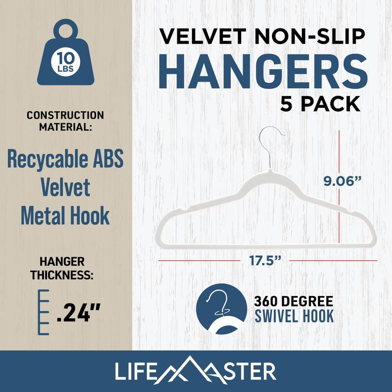 Velvet Clothes Hanger – with 360 Degree Swivel Hook and Non-Slip Shoulder Notch, Holds Up to 10 lbs, Heavy Duty Hanger Set, for Organizing Suit, Dress, Coat, and Clothes, Pack of 5, White