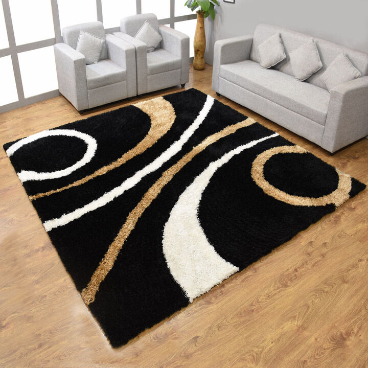 RUGSOTIC CARPETS HAND TUFTED SHAG POLYESTER ECO-FRIENDLY AREA RUGS  - 6'x6', Square, Black, Geometric Modern Design, High Pile Thick Handmade Anti Skid Area Rugs for Living Room, Bed Room K00002