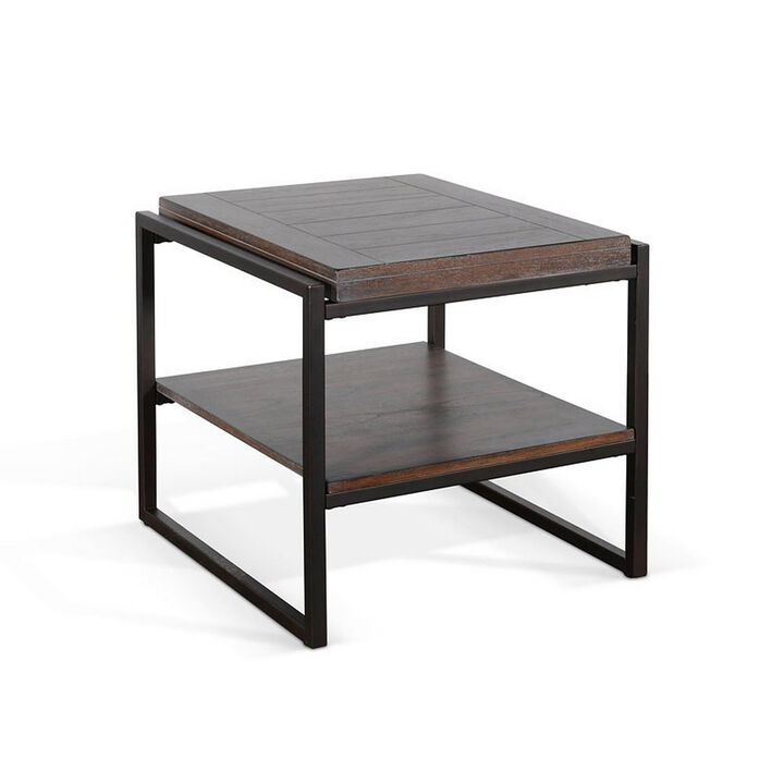 Lery End Table, Dark Brown Wood, Black Metal, Bottom Shelf, 24 Inch - Benzara