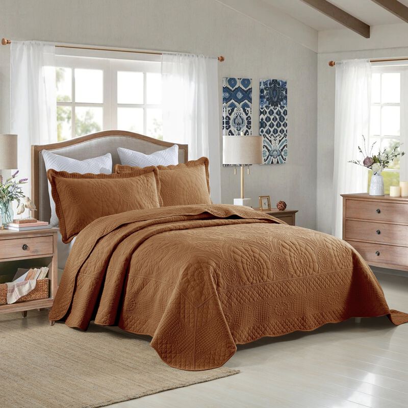 MarCielo 3 PCS 100% Cotton Oversized Bedspread Quilt Set Embroidery TF