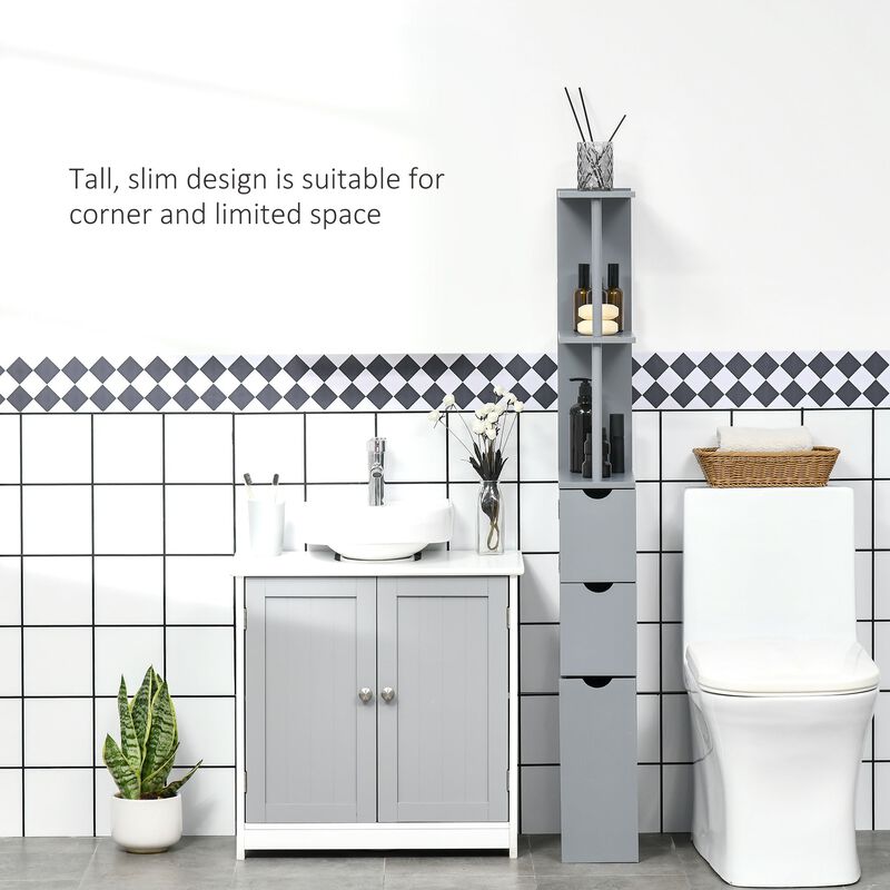 Grey Bathroom Tower: 54" Tall Storage Cabinet with Shelves & Drawers