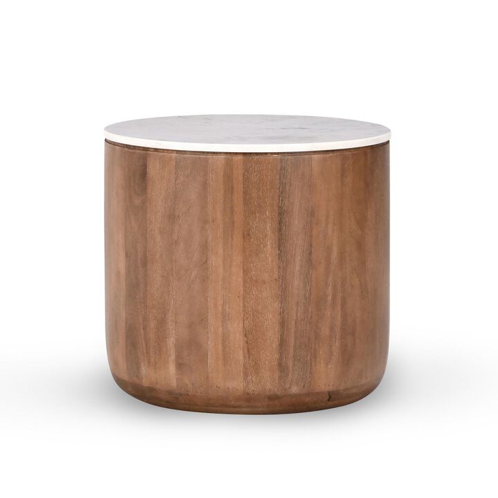 Yari Round Side End Table, White Marble Top, Brown Mango Wood 22 Inch - Benzara