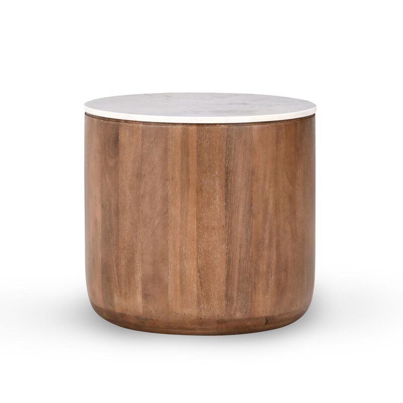 Yari Round Side End Table, White Marble Top, Brown Mango Wood 22 Inch - Benzara