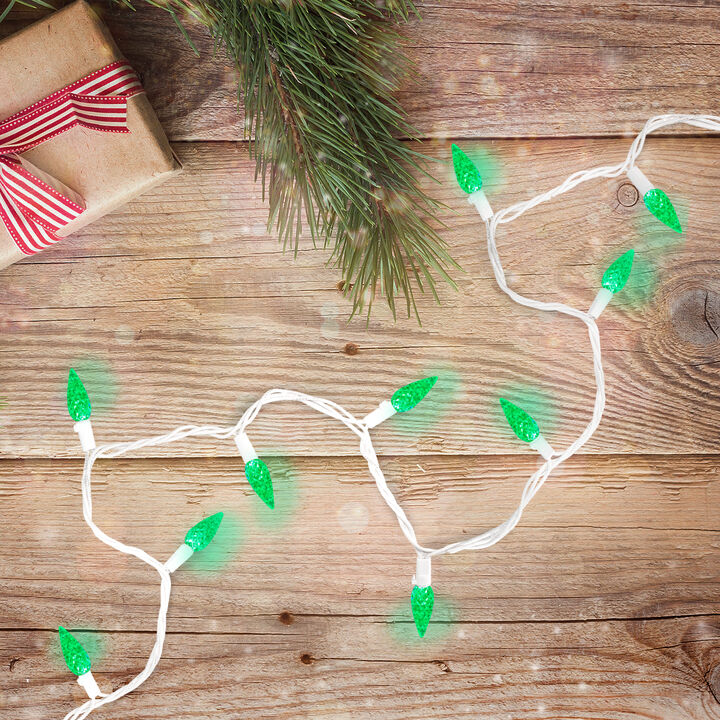 70 Count Green LED C6 Faceted Christmas Lights  22.5 ft White Wire