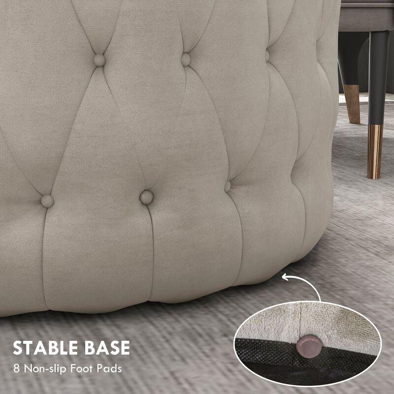 Beige Velvet-Feel Round Ottoman: Button Tufted, Padded Seat