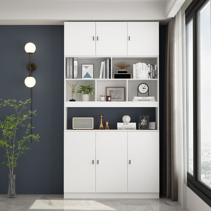 FUFU&GAGA Modern White Storage Shelf with Adjustable Shelves, P2 MDF, Glass Doors (47.2" W x 87.8" H x 12.2" D), White