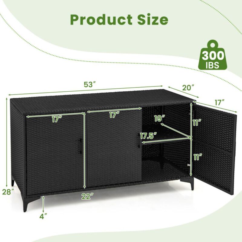 Hivvago 84 Gallon Patio Wicker Deck Box 3-Door PE Rattan Storage Container with Removable Shelves